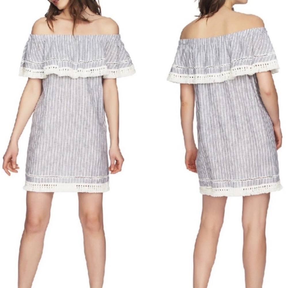 1.STATE‎ Off Shoulder Dress Womens S Blue Stripe Linen Cotton Fringe Boho NEW